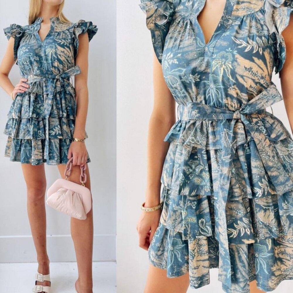 🌸 Ulla Johnson Lulua Waimea Floral Ruffle Dress | Blue & Peach Sold Out Size 12